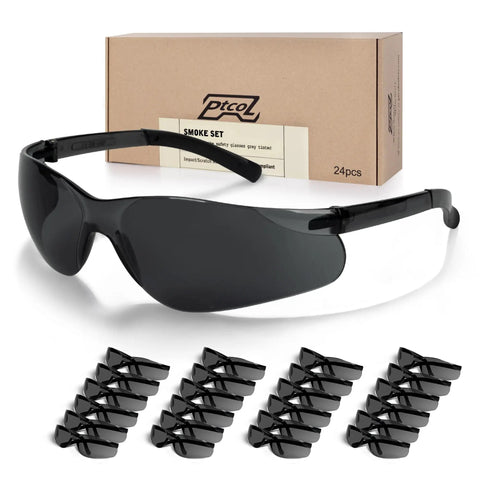 24 Pack Smoke Safety Glasses with Tinted Polycarbonate Lenses, ANSI Z87.1 Rated Eye Protection displayed with packaging
