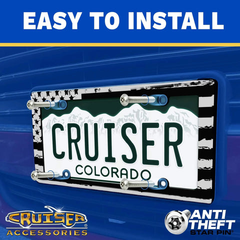 Blinged Out Queen License Plate Frame Chrome And Clear With Nine Glass Crystals Black Glitter Lettering On Bottom Zinc Die Cast With Show Chrome Finish And Durable Fastener Caps on blue vehicle with anti-theft feature, easy to install text.