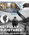 Adjustable cycling mirror showing city street view with Two Pack Bike Mirrors for Handlebars With Real Glass Flat Lens and Sturdy Aluminum Clamp.