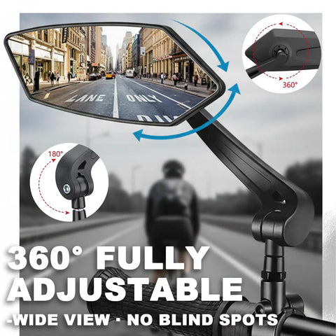 Adjustable cycling mirror showing city street view with Two Pack Bike Mirrors for Handlebars With Real Glass Flat Lens and Sturdy Aluminum Clamp.