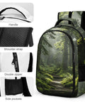 Fern Print Old Growth Forest Unisex Backpack With Large Capacity Built From Durable Polyester showing details and zippers