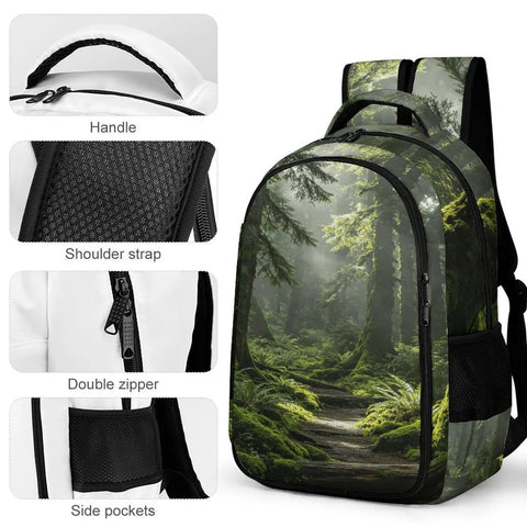 Fern Print Old Growth Forest Unisex Backpack With Large Capacity Built From Durable Polyester showing details and zippers