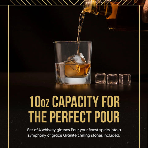 Whiskey Glass Set With Granite Chilling Stones Set Of 4 10 Oz Old Fashioned Rocks Glasses for Scotch Bourbon and Cocktails heavy base