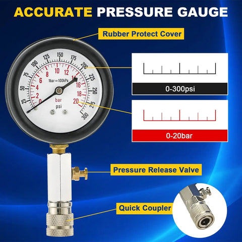 9 Piece Engine Compression Tester Kit With Spark Plug Tester For Gas Cars And Motorcycles 0 To 20 Bar And 0 To 300 Psi Cylinder Pressure Gauge