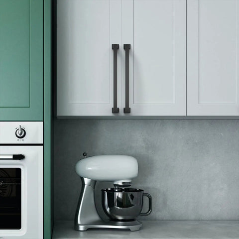 10 Pack 7 Inch Matte Black Cabinet Handles With 177mm Hole Centers on white kitchen cupboards above countertop with mixer.