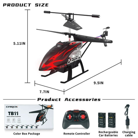 Kid Friendly RC Helicopter With 30 Minute Flight Time And LED Light Effects, Altitude Hold shown with accessories and size dimensions