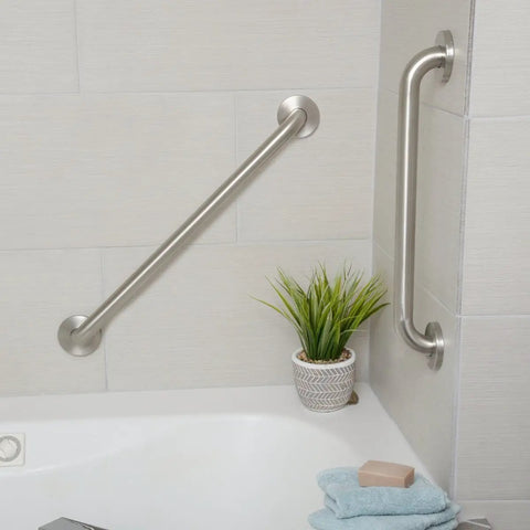Bathroom with 16 inch stainless steel grab bar mounted diagonally and vertically near bathtub, ADA compliant, rust resistant, supports 500 pounds