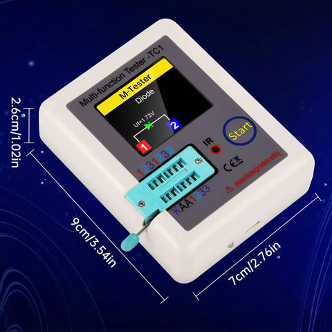 Ultimate LCR Meter And ESR Tester With Full Color TFT Display showing measurements, dimensions 9cm x 7cm x 2.6cm