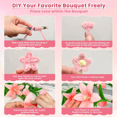 Steps to make a bouquet using All-Inclusive 600 Piece Pipe Cleaners Craft Kit With 6 Color Chenille Stems and accessories