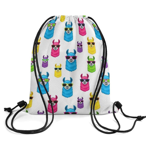 Lightweight Drawstring Sackpack For Gym And Travel Durable Polyester Secure Braided Drawstring To Keep Belongings Safe Ideal Beach Bag Everyday Use With Rainbow Llama Sunglasses Design