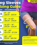 Leg Compression Sleeve sizing guide with measurement instructions and size chart from XS to XL next to a woman's measured knee