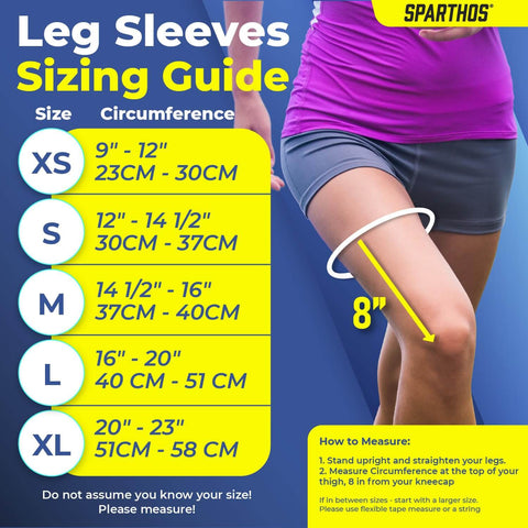 Leg Compression Sleeve sizing guide with measurement instructions and size chart from XS to XL next to a woman's measured knee