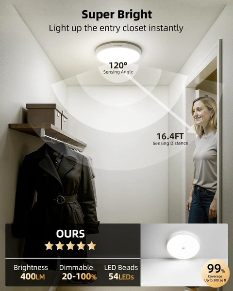 Hassle Free Plug and Play Motion Sensor Ceiling Light 2 Pack 400 Lumens Super Bright Tri Color Dimming Wireless Flush Mount With Sleek Remote Zero Drilling Quick Snap Setup For Closets
