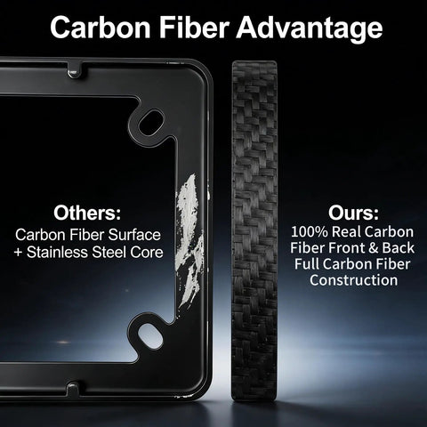 Slick Real Carbon Fiber License Plate Frame 2 Hole Slim Black Gloss Car Tag Holder Rust Proof Rattle Free with carbon fiber advantage.