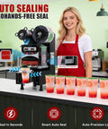 Straight Up Heavy Duty Commercial Boba Cup Sealer Machine With Digital Control Dual Auto Manual Modes Cranks Out 700 Cups Per Hour Top Shelf Construction For Coffee Stands with cups on counter.