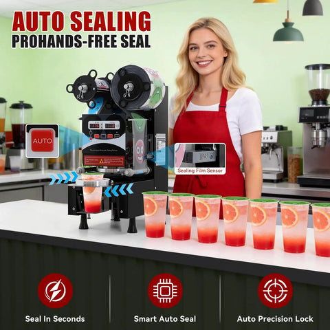 Straight Up Heavy Duty Commercial Boba Cup Sealer Machine With Digital Control Dual Auto Manual Modes Cranks Out 700 Cups Per Hour Top Shelf Construction For Coffee Stands with cups on counter.