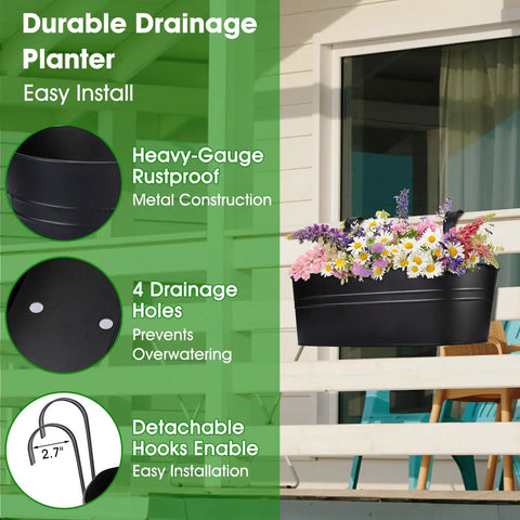Three Pack 16 Inch Railing Planter Boxes With Detachable Wide Hooks For 2.7 Inch Railings on balcony with flowers and herbs