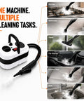 Pressurized Handheld Steam Cleaner Knocking Out Grease And Grime Like A Boss For Your Whole House Chemical Free Cleanup Stays Gentle On Pets And Toddlers Includes Ten Piece Accessory Kit For Cars Couches Grout Tile And Wood Floors, shown in various cleaning tasks.