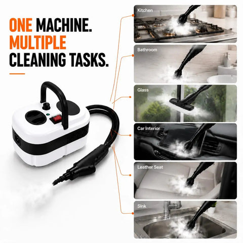 Pressurized Handheld Steam Cleaner Knocking Out Grease And Grime Like A Boss For Your Whole House Chemical Free Cleanup Stays Gentle On Pets And Toddlers Includes Ten Piece Accessory Kit For Cars Couches Grout Tile And Wood Floors, shown in various cleaning tasks.