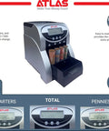 Automatic Coin Counter And Sorter With Digital Display For Loose Change Processing features a LCD screen and a large hopper for sorting coins.