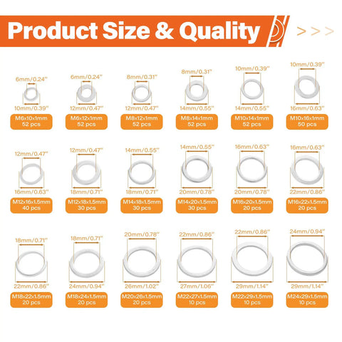 Premium Aluminum Crush Washer Kit With 570 Pieces In 18 Sizes From M6 To M24 for automotive oil drain plugs, size chart