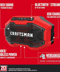 V20 Wireless Bluetooth Speaker With Dual 3-Inch Stereo Drivers, Red, showing features like 100 ft range and cordless power.