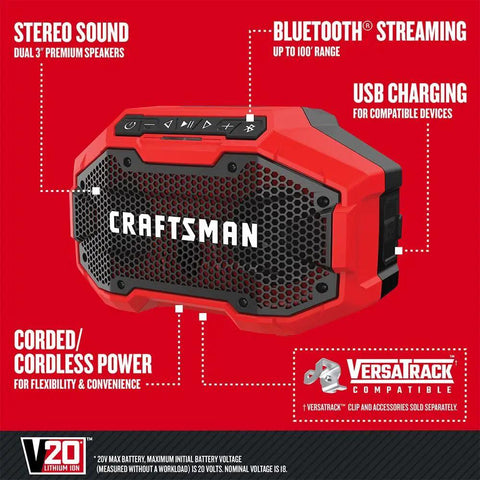 V20 Wireless Bluetooth Speaker With Dual 3-Inch Stereo Drivers, Red, showing features like 100 ft range and cordless power.