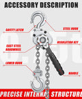 Front view of HUGOASIS mini lever hoist with silver aluminum body, steel hook and G80 chain, black handle, 3/4 ton capacity