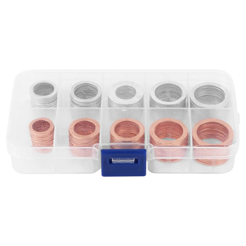 100 Piece Oil Drain Plug Crush Washer Kit Copper And Aluminum 10 12 14 16 18mm Set in organized clear plastic box