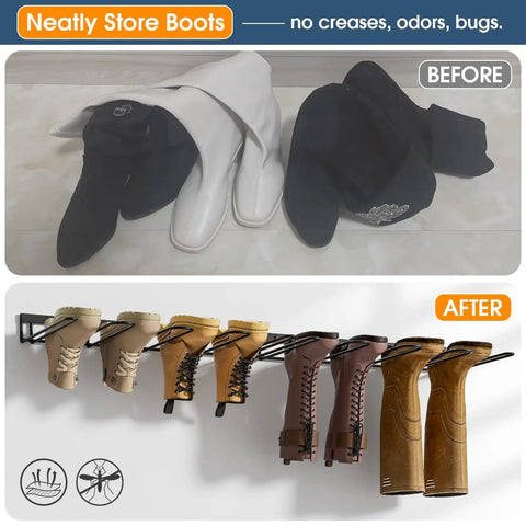 Before and after of boots on Two Pack Wall Mounted Boot Rack For Tall Boots And Cowboy Boots, Industrial Metal Shoe Organizer With Inverted Hanger Drying Method To Prevent Wrinkles, No Floor Clutter, Space Saving Entryway And Garage Boot Trays, Black