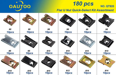 180 Piece Heavy Duty Auto Body Flat U Nut Clip Kit With 18 Popular Sizes showing assorted clips in various colors and sizes.