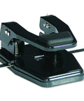 Bulletproof Two Hole Paper Punch With Adjustable Paper Guide And Lock Down Padded Handle Heavy Duty Steel Base showing a side angle view.