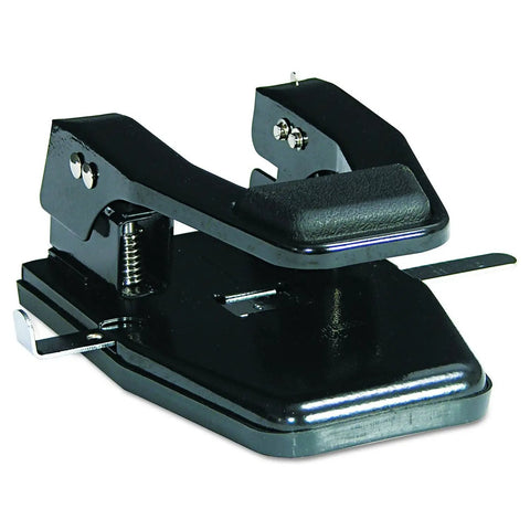 Bulletproof Two Hole Paper Punch With Adjustable Paper Guide And Lock Down Padded Handle Heavy Duty Steel Base showing a side angle view.