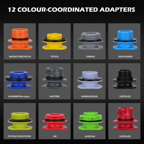 12 color-coded adapters from 18-Piece Engine Oil Funnel Kit With 12 Color-Coded Adapters, 1.59QT Capacity