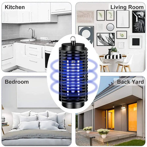 Electric bug zapper light for indoor and outdoor use in kitchen, living room, bedroom, and backyard with blue light glow.