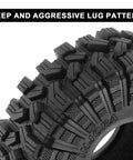 Close-up view of King Trekker 1.9 Inch S5 All Terrain Tires for One Tenth Scale Crawlers, showing deep and aggressive lug pattern.