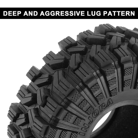 Close-up view of King Trekker 1.9 Inch S5 All Terrain Tires for One Tenth Scale Crawlers, showing deep and aggressive lug pattern.