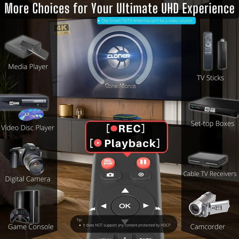 4K HDMI Capture DVR With H.265/H.264, Standalone 4K60 Passthrough, Cinematic 24fps Up To 30fps Recording, Pause And Resume, Records To USB Drive Or TF Card, No PC Needed, Plug And Play HDMI Output showing remote and supported sources