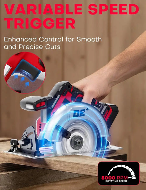 This Badass 6.5 Inch Cordless Circular Saw Packs An 8000 Rpm Brushless Motor in use, showcasing the variable speed trigger feature.
