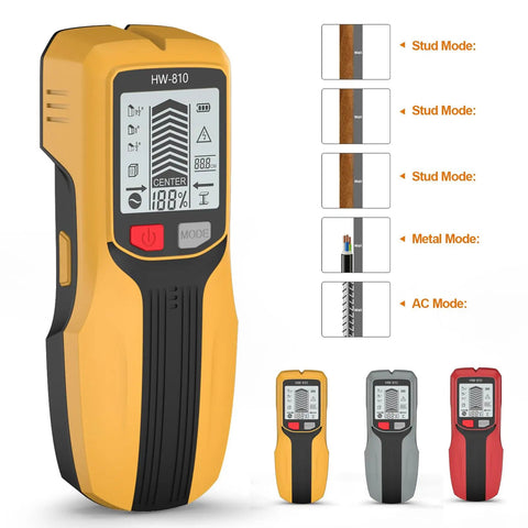 Studs Finders and Metal Detector Wall Scanner for Home Use with LCD Display showing various modes and colors.