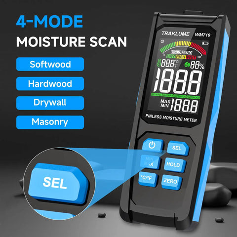 Pinless Wood Moisture Tester for Firewood and Home Projects, Fast Moisture Meter With Easy Readout, Detects Wood Wetness and Leaks, Handy Home Improvement Tool, 4-mode pinless meter for softwood, hardwood, drywall, masonry