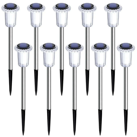 Solar LED Outdoor Stake Lights Pack Of 10 Waterproof Stainless Steel Yard Pathway Garden Driveway Walkway Landscape Lighting 6000K Cool White Easy Setup Weatherproof No Hassle