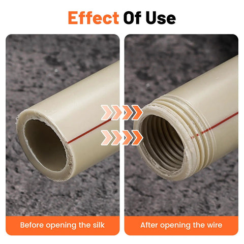 Rock Solid 4 In 1 PVC Pipe Threader Tool For 1/2 And 3/4 Inch Pipes showing before and after threading PVC pipe effects.