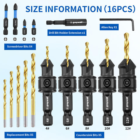 Top Shelf 16 Piece Adjustable Countersink Drill Bit Set Boasts A Hella Smooth Cut 3 In 1 Wood Screw Kit with 16 bits and extension for various tasks.