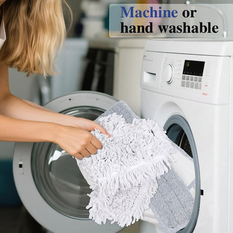 Person placing 36 Inch Pro Grade Commercial Mop microfiber pads into washing machine, visible text 'Machine or hand washable'
