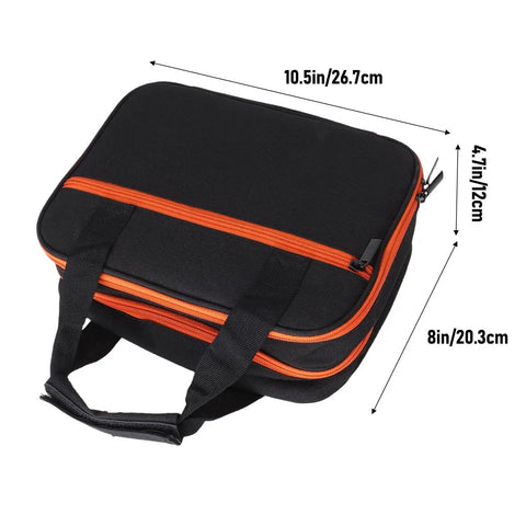 Double Layer Protective Carrying Case For Circuit Breaker Finders And Electrician Tools with elastic straps, black with orange zipper.