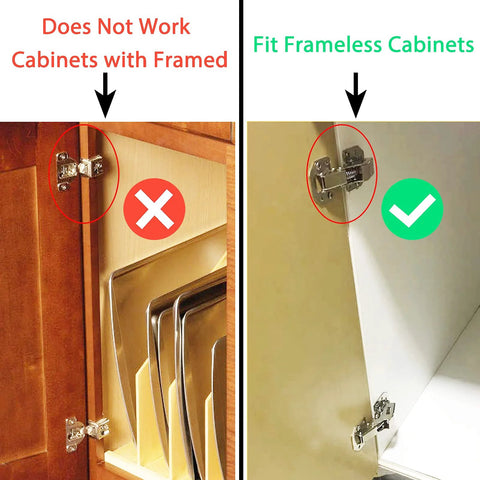 Comparison of soft close hidden hinges, showing installation on frameless vs framed cabinet doors, highlighting proper use.