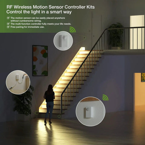 Wireless Motion Sensor Controller Kit No Wiring For LED Strip Lights 12 24V DC RF Remote Control Dimmer Timer Motion Activated Staircase Lighting Easy Install on lit stairs