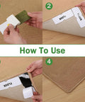 Steps showing installation of Eight Piece Rug Corner Grippers Set With Double Sided Rug Tape on a carpet corner.