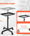Rolling Salon Cart With Wheels Mobile Styling Station Aluminum Tray Trolley For Salon Essentials Adjustable Height Hairstylist Tray With 10 Disposable Covers Portable And Durable, showing adjustable height and tray dimensions.